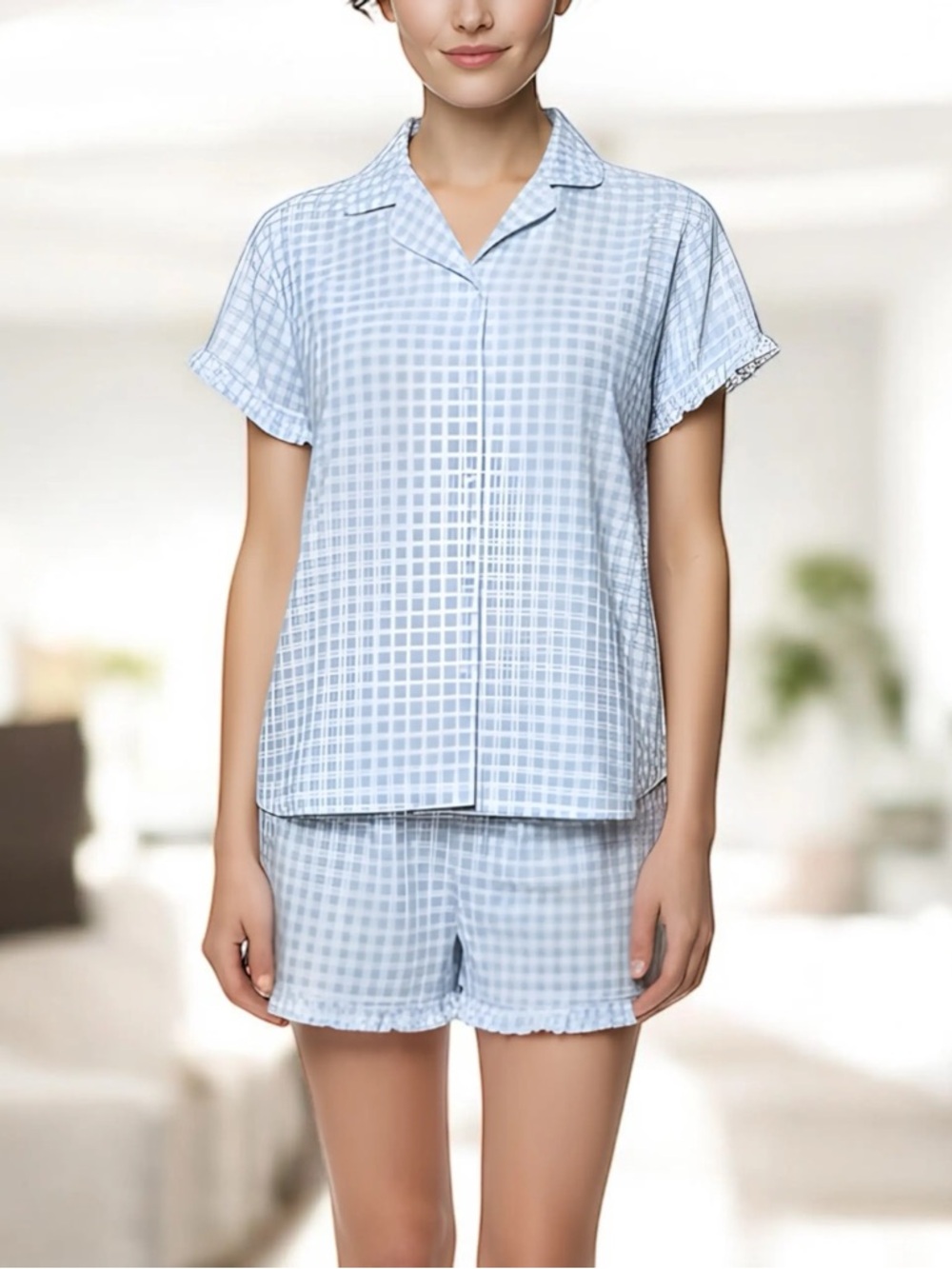 Laura Ashley Light Blue & White Gingham Ruffle Trim 2 Piece Pajama Set Size M